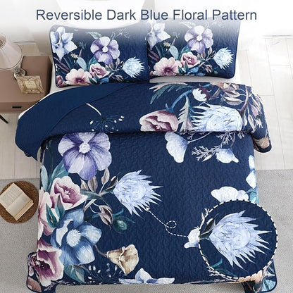 Drucon Blue Floral Quilt Set King Size 3 Pieces Blue Botanical Flower Quilt Coverlet Set Soft Microfiber Lightweight Quilted Bedspread for All Season 104"x90"
