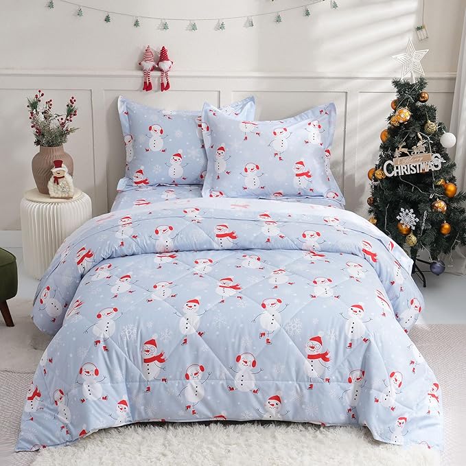 JSD Blue Snowman Kids Comforter Set Full Size, 3 PC Christmas Winter Printed Microfiber Bedding Set for Boys Girls Teens