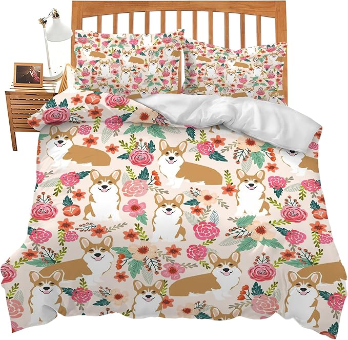 Corgi Dog Puppy Theme 3 Pieces Duvet Cover Comforter Set with 2 Pillowcase Twin Size Dog Print Bed Sheet Quilt Bedroom Bedding for Lover Kids