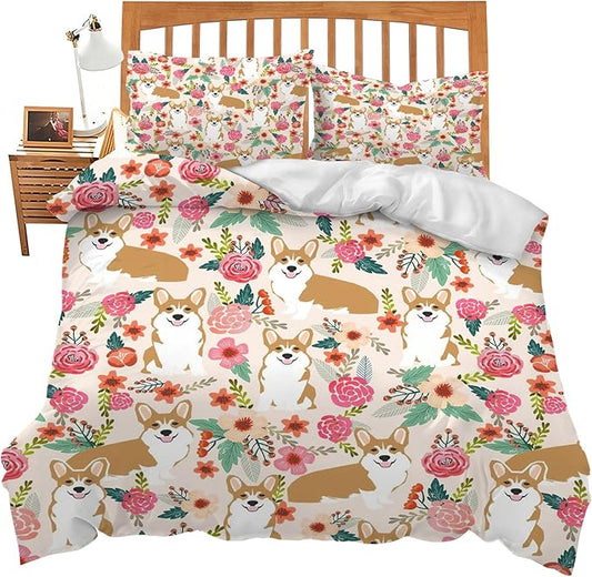 Corgi Dog Puppy Theme 3 Pieces Duvet Cover Comforter Set with 2 Pillowcase Full Size Dog Print Bed Sheet Quilt Bedroom Bedding for Lover Kids