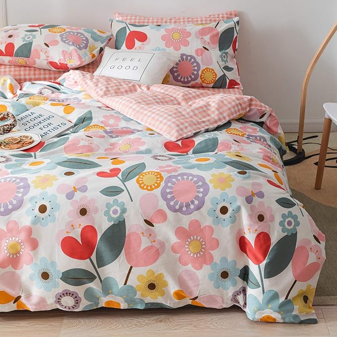 Floral Botanical Duvet Cover Queen, 100% Cotton 3 pcs Queen Botanical Bedding Set for Girls, Reversible Floral Themed Blossom Fresh Plant Duvet Cover, with Zipper Closure, Breathable (No Comforter)