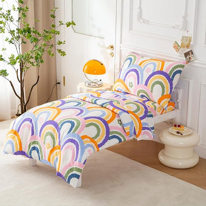 SDIII 4 Piece Rainbow Toddler Bedding Set, Soft Microfiber Toddler Bed Princess Bedding Set with Comforter, Fitted Sheet, Flat Sheet and Pillowcase