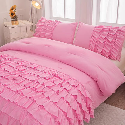 MWMWMW 5 Pcs Pink Comforter Set Queen, Girls Bed in a Bag, Girls Queen Bedding Set, Pink Ruffle Bedding Set for Grils Kids with 1 Fitted Sheets, 1 Flat Sheet, 1 Comforter, 2 Pillowcases