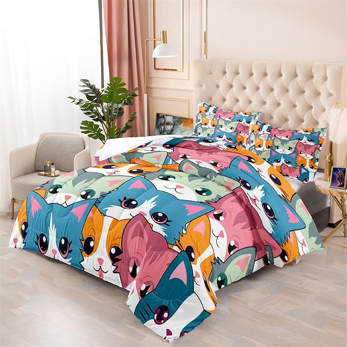 Cat Comforter Set for Girls - Balck Neon Cartoon Cats Bedding Set for Girls Bedroom Ultra Soft Cats Queen Size Comforter All-Season with 1 Quilt and 2 Pillowcases Home Room Decor