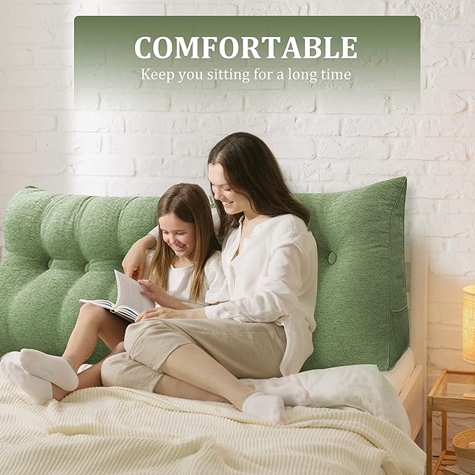 14 lbs Thickened Headboard Pillow Wedge Pillow Headboard Reading Pillow Bed for Backrest Reading Triangular Pillow with Side Pocket for Sitting in Bed Cotton Linen Green King