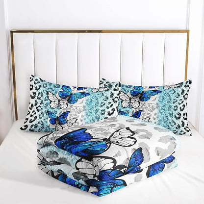 Blue Butterfly Comforter Set for Girls Full Size, Black and White Leopard Print Comforter with 2 Pillowcases, Wild Animal Theme Home Decoration
