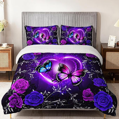 QOOMO Blue Butterfly Soft Sherpa Comforter，Blue Flower Plush Warm Fall Winter Bedding Sets for Girls Boys，Star Sky Ultra-Soft Sherpa King Comforter Set with 2 Pillow Shams，3 Piece Set