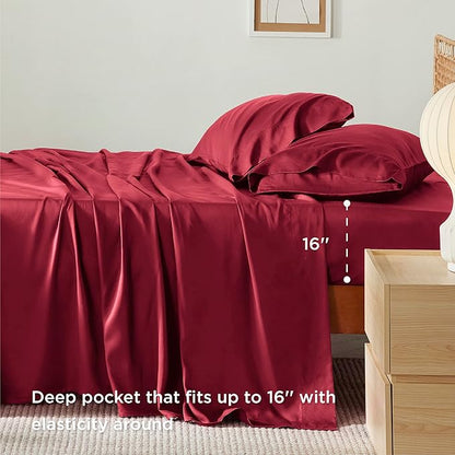 Bedsure King Size Sheets Set, Cooling Sheets for Hot Sleepers, Rayon Derived from Bamboo, Breathable & Soft, Deep Pocket Up to 16 Inches, Hotel Luxury Silky Bedding, Burgundy