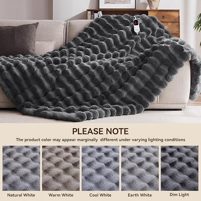 Heated Blanket Queen Size with 1/2/4/6/8 Hours Auto-Off 10 Heat Level, 71'' * 83'' Cozy Faux Rabbit Fur Bubble Electric Blanket with Overheat Protection(Dark Grey)