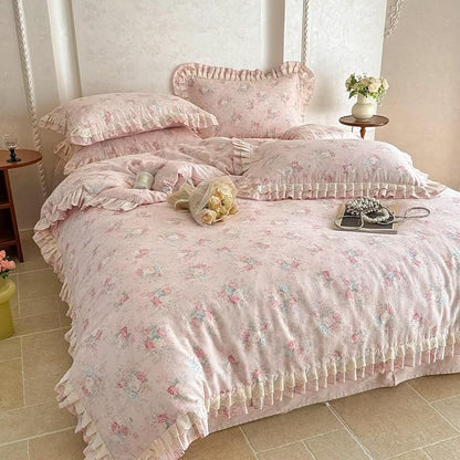 BuLuTu Pink Ruffled Duvet Cover Set Full Size Farmhouse Rustic Bedding, Cottagecore Floral Print Comforter Cover with Lace Edeges, French Country Quilt Cover 80"x90",Coquette Decor, All Seasons