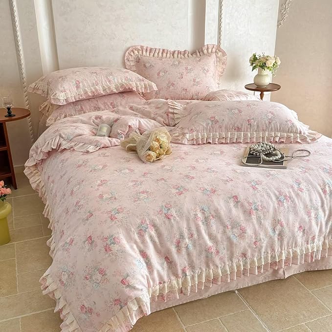 BuLuTu French Garden Pink Floral Duvet Cover Set King Size, Princess Style Lace Ruffled Bedding Set - 1 Comforter Cover King with 2 Pillow Cases, 100% Muslin Cotton Bedding, Soft Breathable