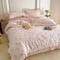 BuLuTu French Garden Pink Floral Duvet Cover Set King Size, Princess Style Lace Ruffled Bedding Set - 1 Comforter Cover King with 2 Pillow Cases, 100% Muslin Cotton Bedding, Soft Breathable
