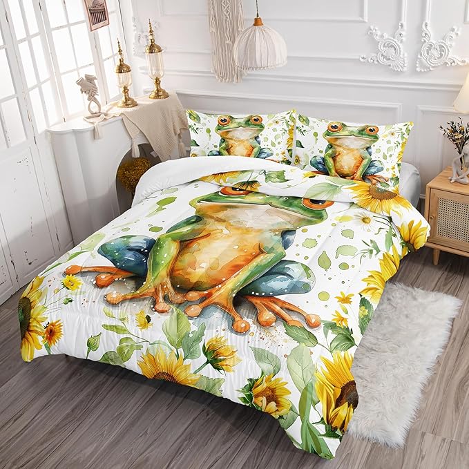 Cartoon Green Wild Frog Comforter 3Pcs Yellow Sunflower Bedding Queen Tropical Amphibian Animal Quilt Set for Kid Teen Girl Boy Adult Botanical Leaf Bed Decor with 1 Comforter and 2 Pillowcases
