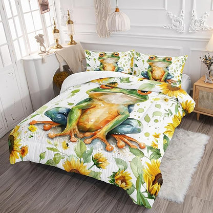 Cartoon Green Wild Frog Comforter 3Pcs Yellow Sunflower Bedding Queen Tropical Amphibian Animal Quilt Set for Kid Teen Girl Boy Adult Botanical Leaf Bed Decor with 1 Comforter and 2 Pillowcases