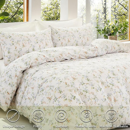 Green Floral Duvet Cover Queen Size 100% Cotton Botanical Coquette Bedding Sets with Zipper Closure 3 Pieces Soft & Breathable Reversible Comforter Cover