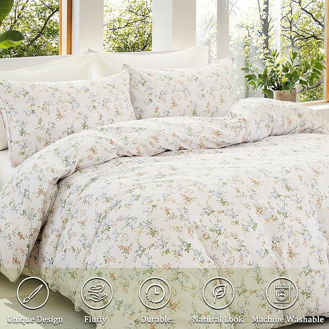Green Floral Duvet Cover King Size 100% Cotton Botanical Coquette Bedding Sets with Zipper Closure 3 Pieces Soft & Breathable Reversible Comforter Cover
