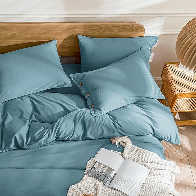 JELLYMONI Cotton Duvet Cover Queen Size - Grayish Blue Comforter Cover with Button 100% Washed Cotton 3PCS Breathable Soft Solid Bedding Set Duvet Cover 90×90in & 2 Pillowcases (NO Comforter)