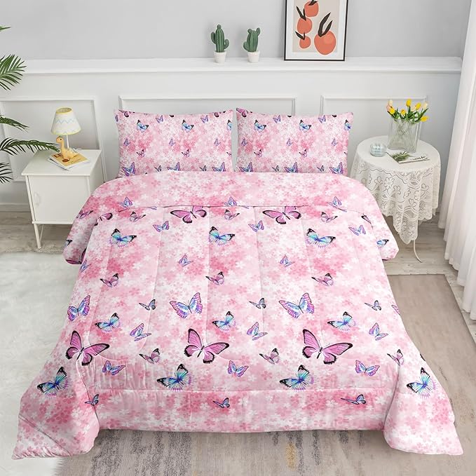 Datura home Kids Comforter Set Girls Pink Flower Butterfly Printed Pattern Quilt Bedding Set with 1 Comforter and 2 Pillowcases for Girls Bedroom All Season(Pink Flower Butterfly Twin 68x86inch)