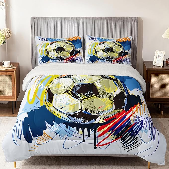 QOOMO Boys Sports Bedding - Twin Size Sherpa Fleece Comforter Set with 1 Comforter 2 Pillowcases - Football Graffiti Style