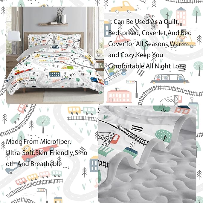 AILONEN Kids Truck 3-Piece Full Bedspread Coverlet Quilt Set for Boys Construction Work Road Cartoon Soft and Lightweight
