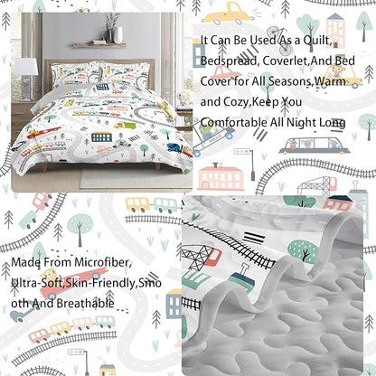 AILONEN Kids Truck 3-Piece Full Bedspread Coverlet Quilt Set for Boys Construction Work Road Cartoon Soft and Lightweight