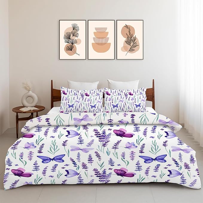 Lavender Bedding Set 3 Pieces King Size Purple Butterfly Duvet Cover Comforter Cover Sets with 2 Pillowcases for Boys Girls Teens Women