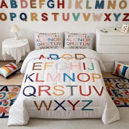 Teens 3D Alphabet Comforter Set Queen Size,Colorful Alphabet Bedding Set for Kids Boys Girls Bedroom Decoration,English Bed Duvet Insert,Learning Alphabets Comforter with 2 Pillowcases
