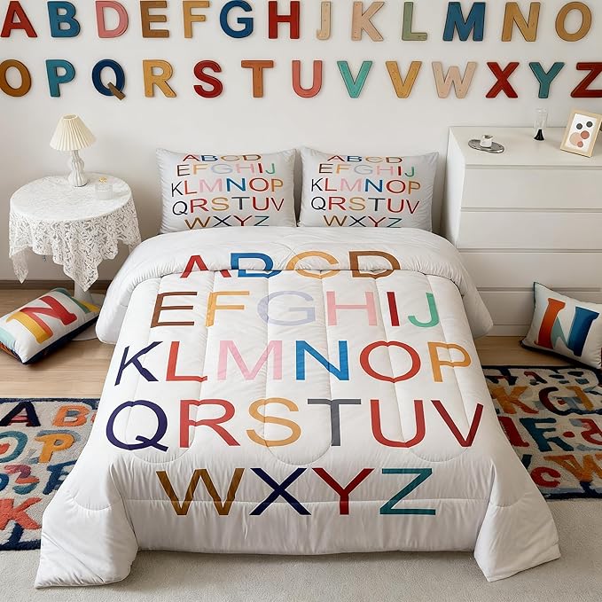 Castle Fairy 3D Alphabet Full Size Comforter Set,Colorful Alphabet Bedding Set for Adults Teens,Children English Comforter Luxury Learning Alphabets Quilt Set Room Decor 3Pcs