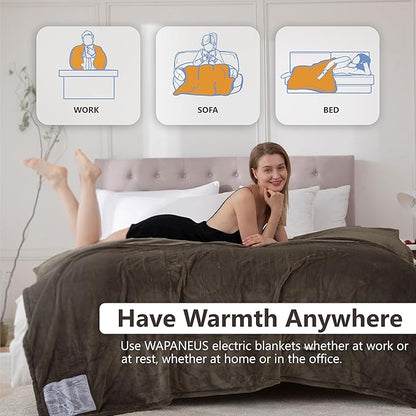 Wapaneus Heated Blanket Electric Queen Size 84"x90"-Dual Control with 10 Heat Levels 12 Timer Settings and 8 Hours Auto-Shut Off,Fast-Heating Electric Blanket,ETL Listed Machine Washable,Dark Brown