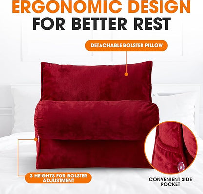 Cheer Collection Reading Wedge Pillow – TV Pillow with Adjustable Bolster Pillow, Memory Foam Back Support for Couch & Bed, Pillow Chair for Bed, Reading Pillows for Adults & Kids, Maroon