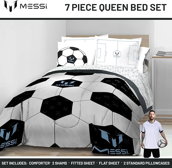 Jay Franco Kids Comforter Set Includes Sheets and Pillow Cover - Soft and Cozy Bed Set for Stylish Room Décor, White - Lionel Messi, 7 Piece Queen