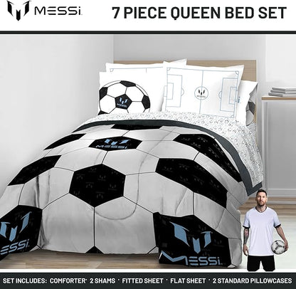 Jay Franco Kids Comforter Set Includes Sheets and Pillow Cover - Soft and Cozy Bed Set for Stylish Room Décor, White - Lionel Messi, 7 Piece Queen