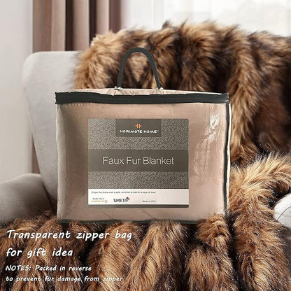 Luxury Plush Faux Fur Blanket King Size, Long Pile Brown with Black Tipped Throws, Oversized Super Warm, Fuzzy, Elegant, Fluffy Decoration Throw Blanket for Sofa, Armchair, Couch and Bed, 104"x90"