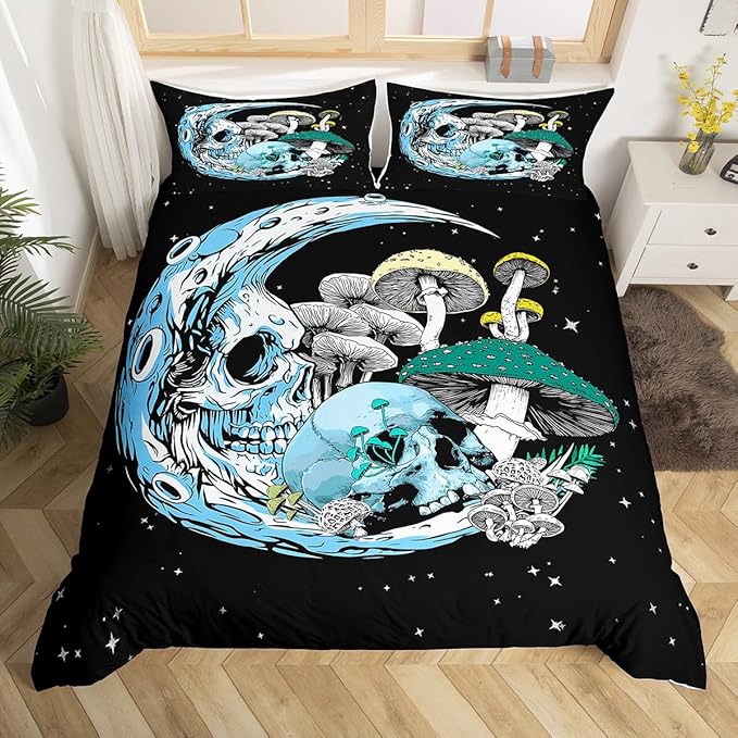Mushroom and Moon Duvet Cover Set Twin Size,Gothic Skull Stars Space Comforter Cover for Kids Boys Bedroom Gift,Mystical Galaxy Skeleton Plant Bedding Set with 1 Pillowcase Bedspread