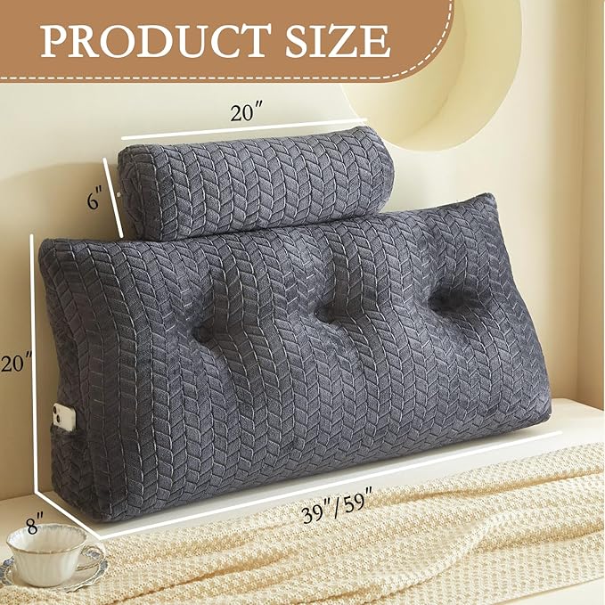 YOUR MOON Wedge Headboard Pillow Twin with 1 Pack Neck Roll Pillow, Triangular Wedge Backrest Pillows Headboard for Bed,Daybed,and Lounging, Large Bed Bolster Pillows,Dark Gray