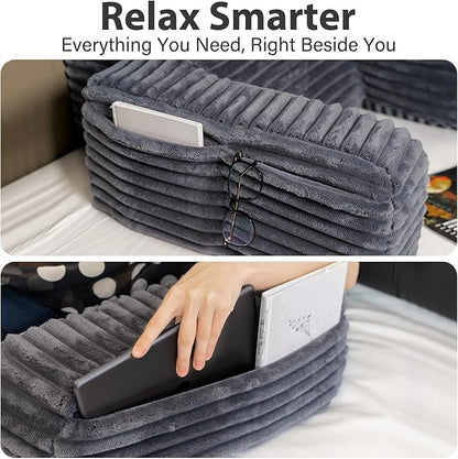 ENITYA Reading Pillow for Sitting in Bed Adult, 24in XXL Back Pillow for Bed Sitting up, Big Pockets & Built-in Arms, Back Support Chair Pillow for Watching TV/Reading/Gaming/Resting/Post Surgery,Grey