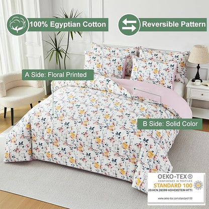 URBONUR Garden Floral Duvet Cover Set 100% Egyptian Cotton Silky Sateen Smooth Breathable Durable Soft Bedding Sets Purple Yellow Flowers Printed on White (3Pcs Queen, 90''x90'')