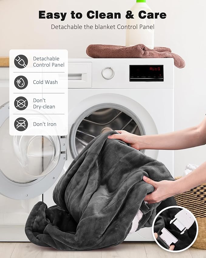 Heated Blanket Throw with 2 Wearable Buttons, Lux-Soft Flannel Sherpa Electric Blanket 9 Heat Levels & 1-10H Timer, 50"x60" Wearable Heated Throw Blanket, ETL Certified Machine Washable (Grey)