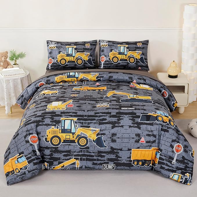 RYNGHIPY Construction Truck Bedding Set Excavator Tractor Bed Set for Boys Bedroom Kids Comforter Sets with 1 Comforter 2 Pillowcases (Black-Grey,Full)