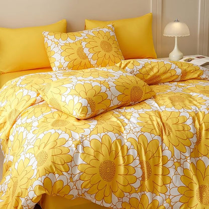 Wellboo Yellow Sunflower Comforter Sets Queen Boho Yellow Floral Bedding Set Cotton Women Girls White and Yellow Botanical Quilt Summer Floral Comforter Large Flower Plant Blankets Garden Bohemian Bed