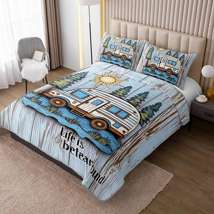 Camping Travel Trailer Bedding Full Quilts for Bed,Retro Bedding for Kids Boys Girls Happy Camper Decor,Outdoor Camping Themed Quilt Sets with 2 Pillowcases.