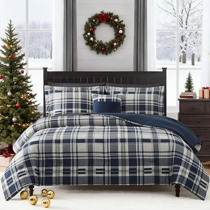 MaiRêve Queen Size Comforter Set Navy Blue, Classic Plaid Farmhouse 7 Pieces Bedding Set, All Season Lightweight Bed in a Bag with Sheets, Pillowcases & Shams