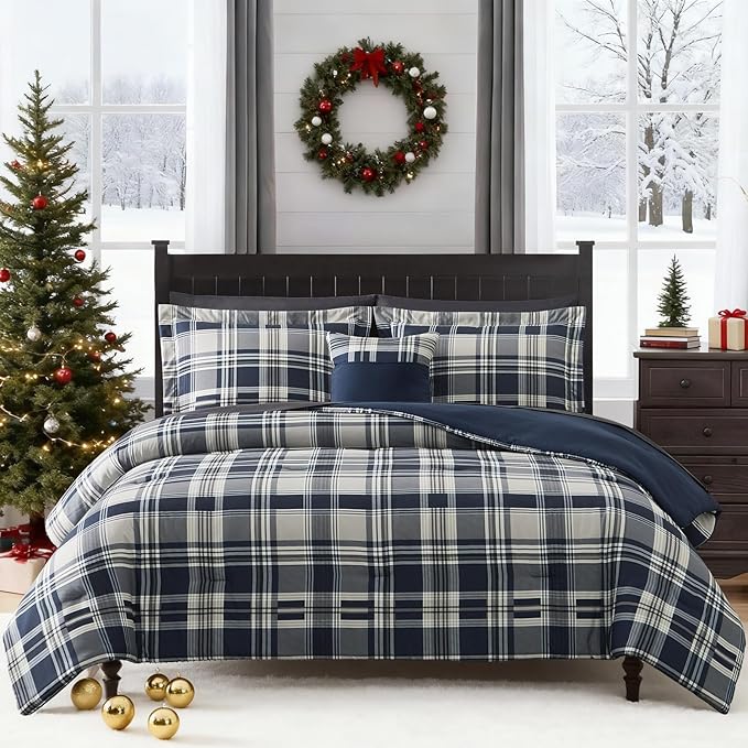 MaiRêve Full Size Comforter Set Navy Blue, Plaid Design Comforter Set 7 Pieces, All Season Comfortable Bedding Sets Full, Lightweight, Soft and Warm (Navy Blue, Full)