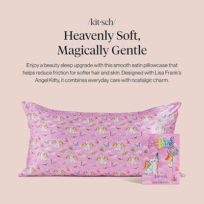 Kitsch x Lisa Frank Satin Pillowcase with Zipper for Hair & Skin, Softer Than Silk Pillow Cases, Wrinkle-Free, Smooth and Cooling Satin Pillow Covers, King Size (19x36) - Angel Kitty