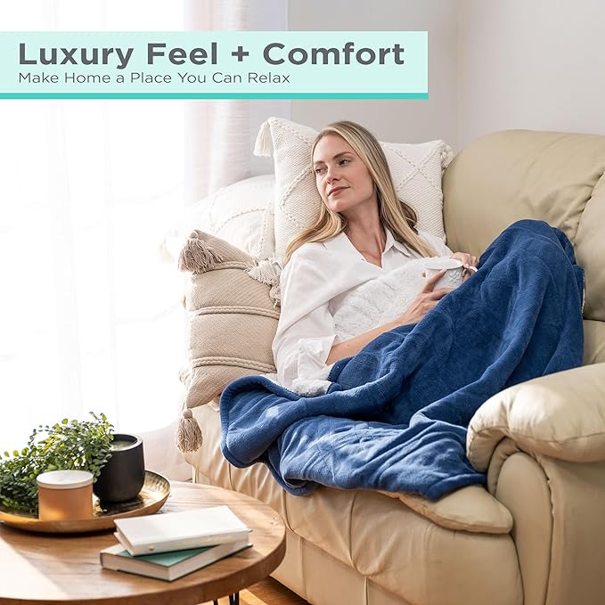 BLACK+DECKER Heated Blanket Electric Throw, Faux Shearling Electric Blanket, Heating Blanket with 4 Heating Levels, 3H Timer, Auto Shutoff, Fast Heating (50x60 inches, Navy)