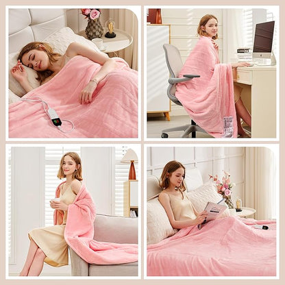 Heated Throw Blanket 50"×60" - Premium Cosy Soft Electric Blanket with 6 Heating Levels,Fast Heating Flannel Sherpa Blanket for Bed & Couch - Auto Shut Off/Machine Washable Blanket (Pink)