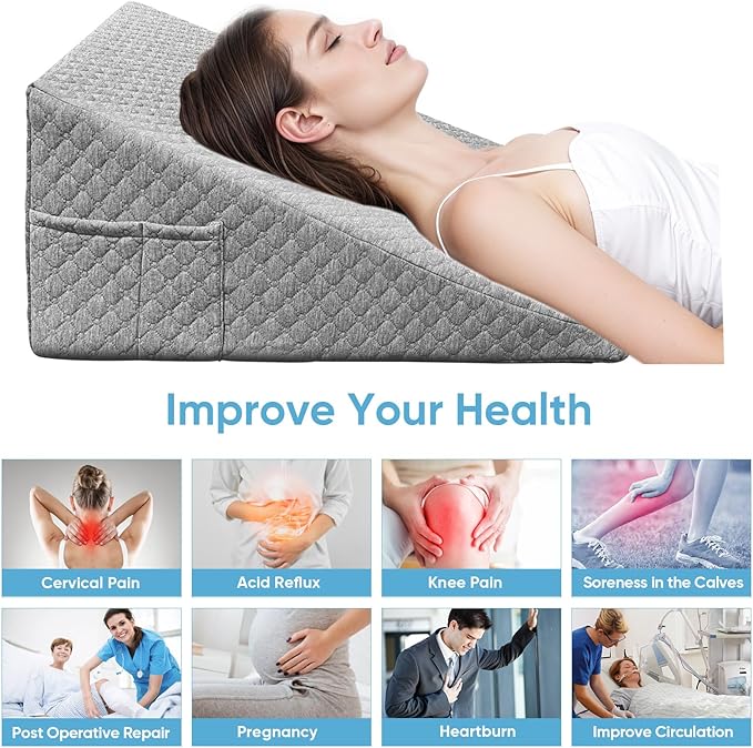 Wedge Pillow, 12 Inch Bed Wedge Pillow for Headboard, Pillow Wedge for Acid Reflux Relief, After Surgery, Sleeping，Back Pain Relief, Memory Foam Top, Darkgrey