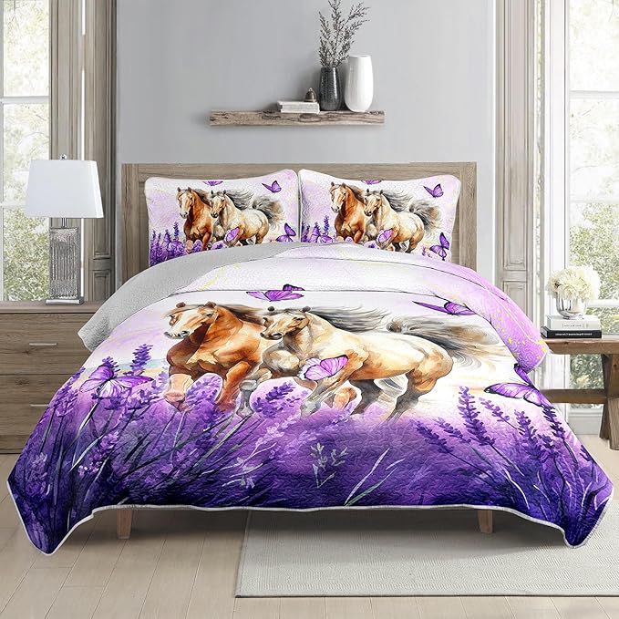 AILONEN Girls Horse Quilt Bedding Set Twin Size,Galloping Horse Bedspread Coverlet,3Pcs Purple Butterfly Lavender Flowers Animal Themed Bed Cover (1 Quilt + 2 Pillowcases)
