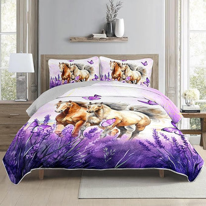 AILONEN Girls Horse Quilt Bedding Set Full Size,Galloping Horse Bedspread Coverlet,3Pcs Purple Butterfly Lavender Flowers Animal Themed Bed Cover (1 Quilt + 2 Pillowcases)