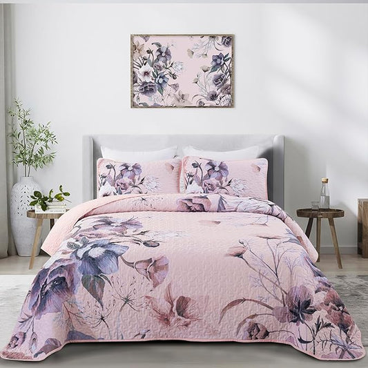 Floral Quilt Set King 3 Pieces Pink Floral Quilt Coverlet Set Soft Microfiber Lightweight Pink Quilted Bedspread for All Season 104"x90"